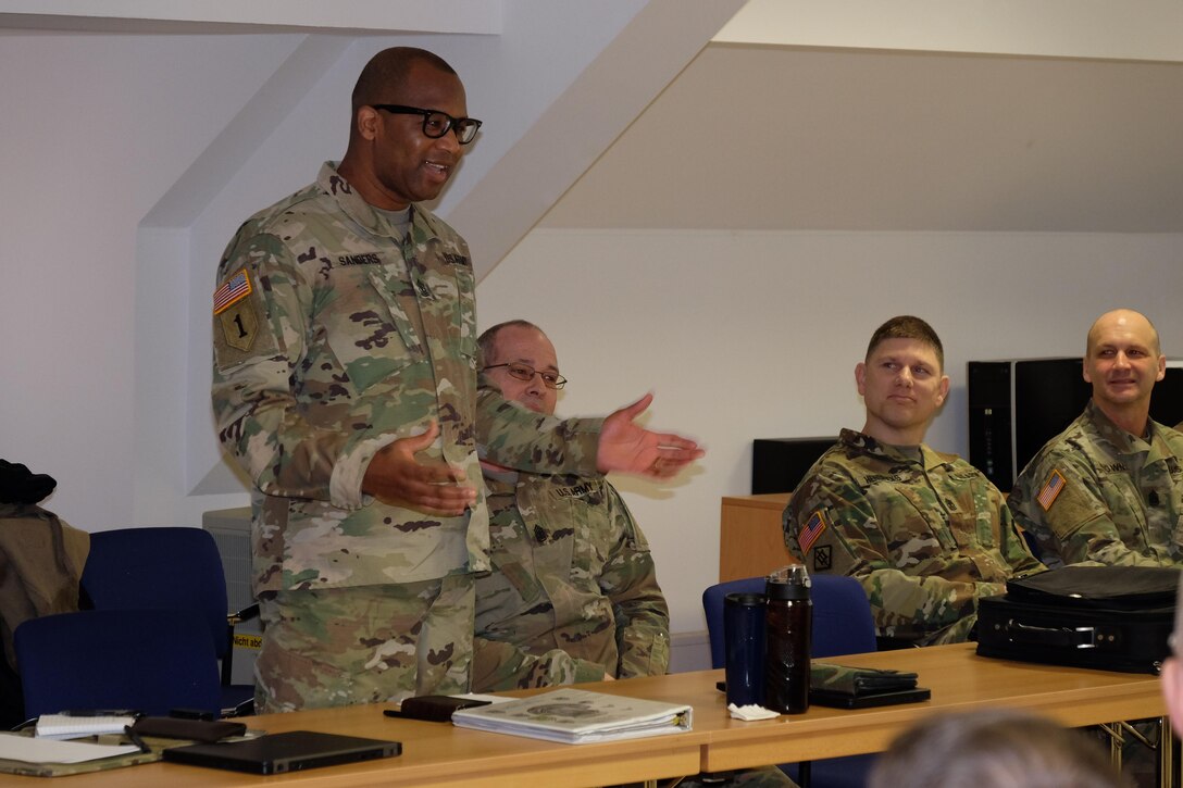 KAISERSLAUTERN, Germany — First Sgt. Matthew Sanders, 406th Human Resources Company, 7th Mission Support Command, speaks to senior enlisted leaders and noncommissioned officers, Jan. 23, 2017 during 7th MSC’s senior enlisted leadership forum introductions.