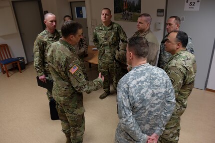 KAISERSLAUTERN, Germany — Command Sgt. Maj. Todd Heimer, the senior enlisted leader of the 457th Civil Affairs Battalion, 7th Mission Support Command speaks to senior enlisted leaders and noncommissioned officers, after the 7th MSC’s senior enlisted leadership forum, Jan. 24, 2017