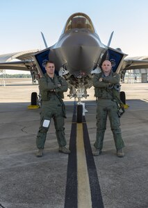 Florida Air National Guard pilots Lt. Col. Scott “Gaucho” Charlton, left, and Maj. John “Rocky” MacRae stand in front of the F-35A Lightning II at Eglin Air Force Base on Jan. 24, 2017. Gaucho and Rocky are both F-35 instructor pilots with the 58th Fighter Squadron based at Eglin and are responsible for teaching pilots how to fly the Department of Defense’s newest aircraft.
