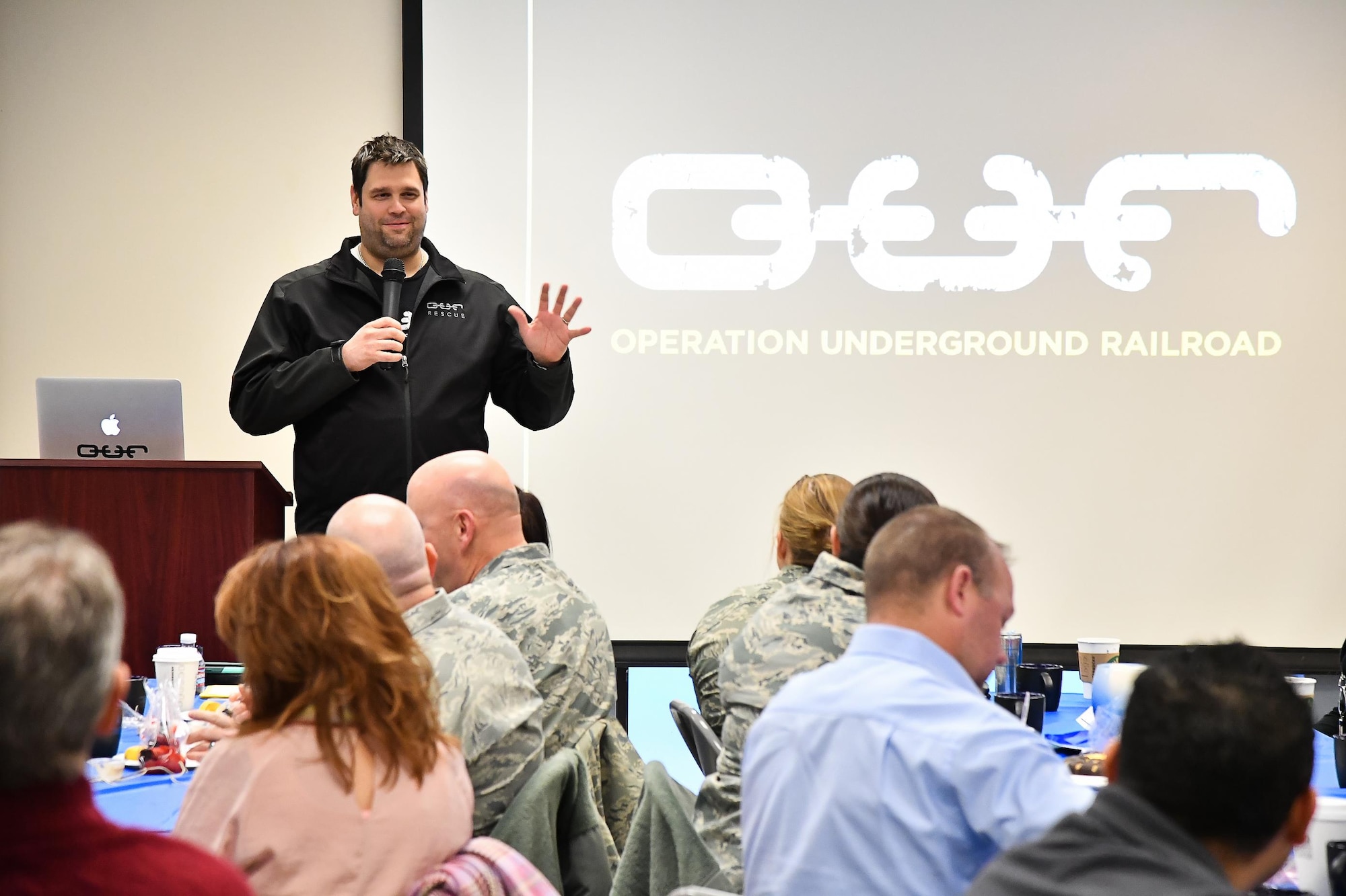 Doug Osmond, VP of Development for Operation Underground Railroad, speaks during an awareness breakfast at Hill Air Force Base, Utah, Jan. 26. “It is a horrific problem to combat, but it is an absolute evil that needs to be stopped. Everyone can do something to help,” Osmond said. (U.S. Air Force photo by R. Nial Bradshaw)