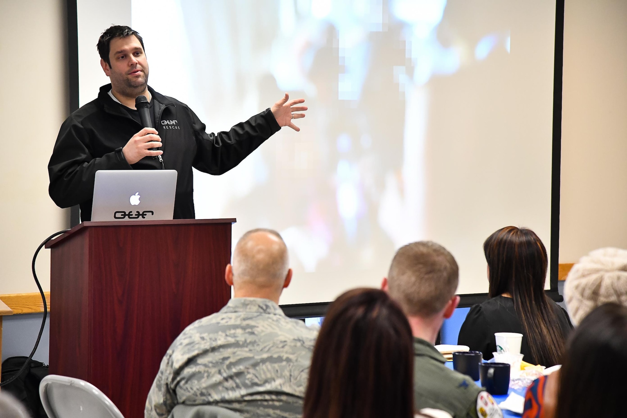 Doug Osmond, VP of Development for Operation Underground Railroad, speaks during an awareness breakfast at Hill Air Force Base, Utah, Jan. 26. “It is a horrific problem to combat, but it is an absolute evil that needs to be stopped. Everyone can do something to help,” Osmond said. (U.S. Air Force photo by R. Nial Bradshaw)
