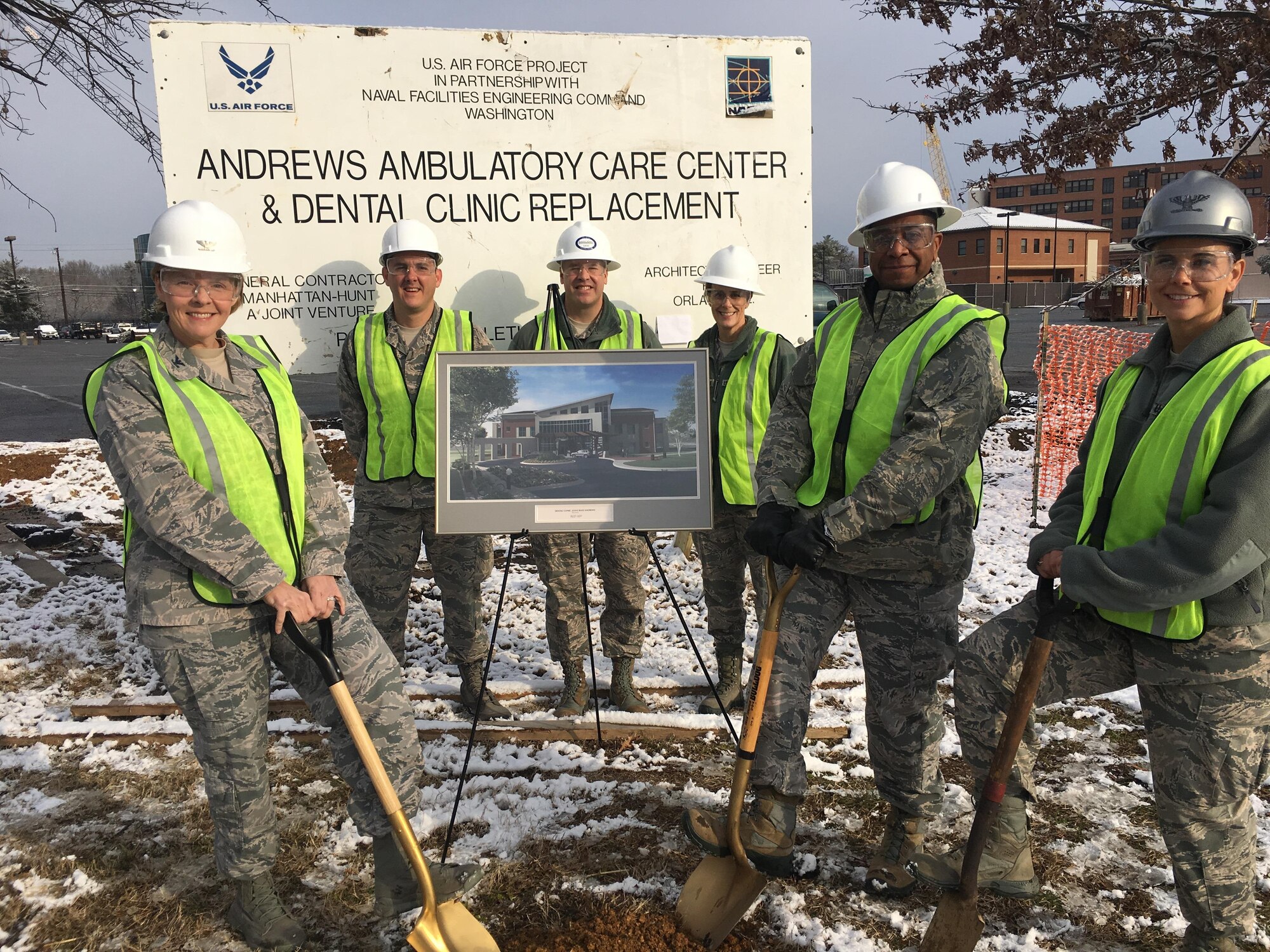 Phase II of the MILCON Construction Project will begin with the start of the Dental Clinic construction on Jan. 30, 2017. The project will relocate the dental clinic to the old employee parking lot of building 1050. The 79th Medical Wing broke ground on May 22, 2013 to begin the construction of the new Malcolm Grow Medical Clinics and Surgery Center. Phase I was completed in February 2016 and integrates into the National Capital Region Healthcare network, providing world-class medical services to the wounded warriors and the area's service members, retirees and their families. The state of the art dental clinic will expand to 26,612 sq. ft. and will cost $22.8 million. It is scheduled to be completed in April 2018. Col. (Dr.) Sharon Bannister, 79th Medical Wing Commander; Col. (Dr.) Thaddeus Phillips, III, 779th Medical Group Dental Squadron Commander; and Col. (Dr.) Leslie Knight, 779th Medical Group Commander move some dirt to commemorate the start of the next phase of the project.  

