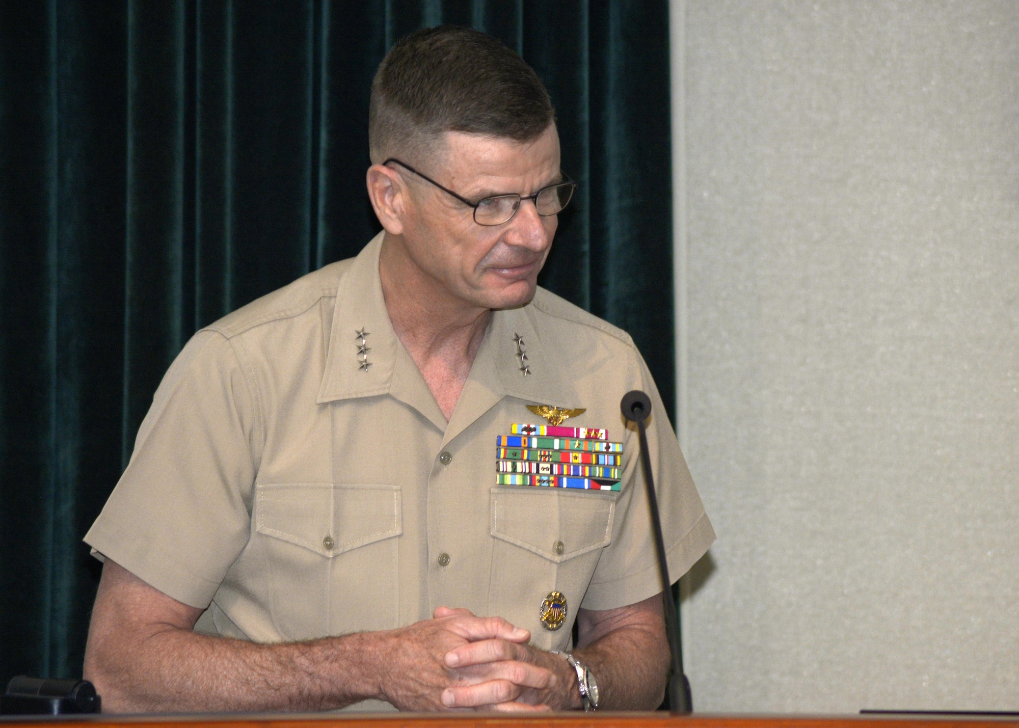 Lt. Gen. William D. Beydler, commander of U.S. Marine Forces Central Command, gives opening remarks during a Congressional Gold Medal presentation at MacDill Air Force Base, Fla., Jan. 27, 2017. The medal was awarded posthumously to Pfc. Charles Robert Fountain, a Montford Point Marine who enlisted during World War II. (U.S. Air Force photo by Tech. Sgt. Krystie Martinez)