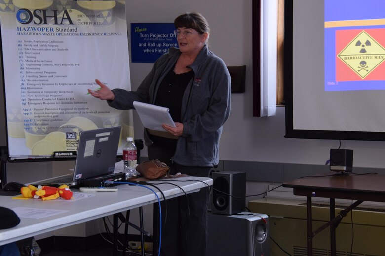 Roseanne Weidner, Occupational Safety and Health Specialist of the U.S. Army Corps of Engineers Buffalo District provides safety training to a class on OSHA’S HAZWOPER (Hazardous Waste Operations Emergency Response) Standard.