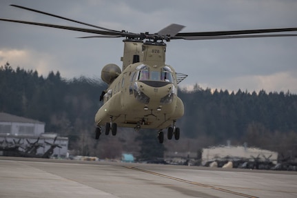 U.S. Army Reserve CH-47 helicopter pilots come in for a landing at Joint Base Lewis-McChord, Wash., Jan. 26, 2017. The pilots and their crew were supporting forward area refueling point training with U.S. Army Soldiers assigned to 16th Combat Aviation Brigade, 7th Infantry Division to help prepare the unit for its upcoming mission in Afghanistan. 
