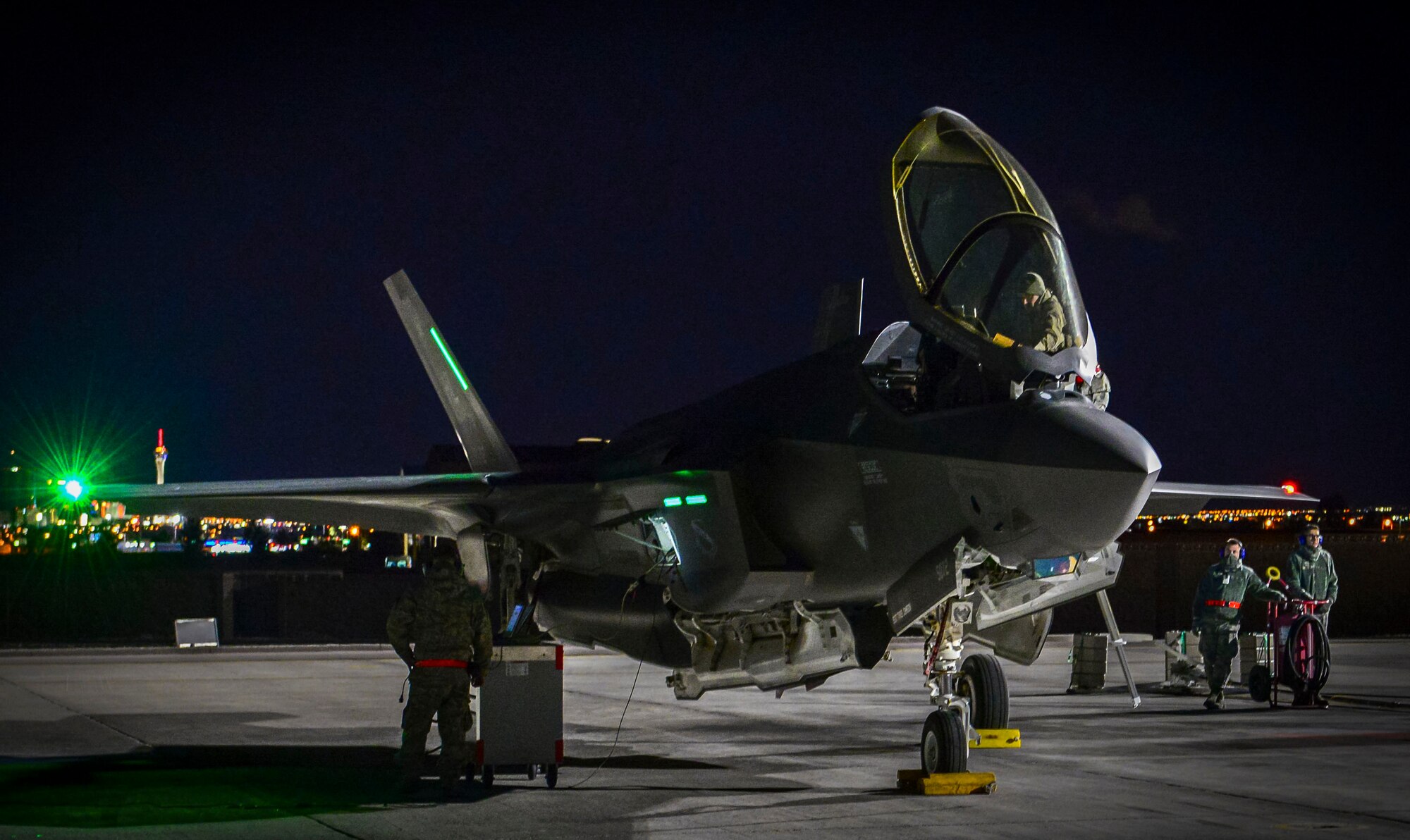 An F-35A Lightning II from Hill Air Force Base, Utah, undergoes preflight preparations to take-off from Nellis Air Force Base, Nev., Jan. 24, 2017, during Red Flag 17-1. The F-35’s state-of-the-art sensor fusion, networked interoperability, and broad array of advanced air-to-air and air-to-surface munitions enables unmatched lethality for decades. (U.S. Air Force photo by Airman 1st Class Nathan Byrnes/Released)