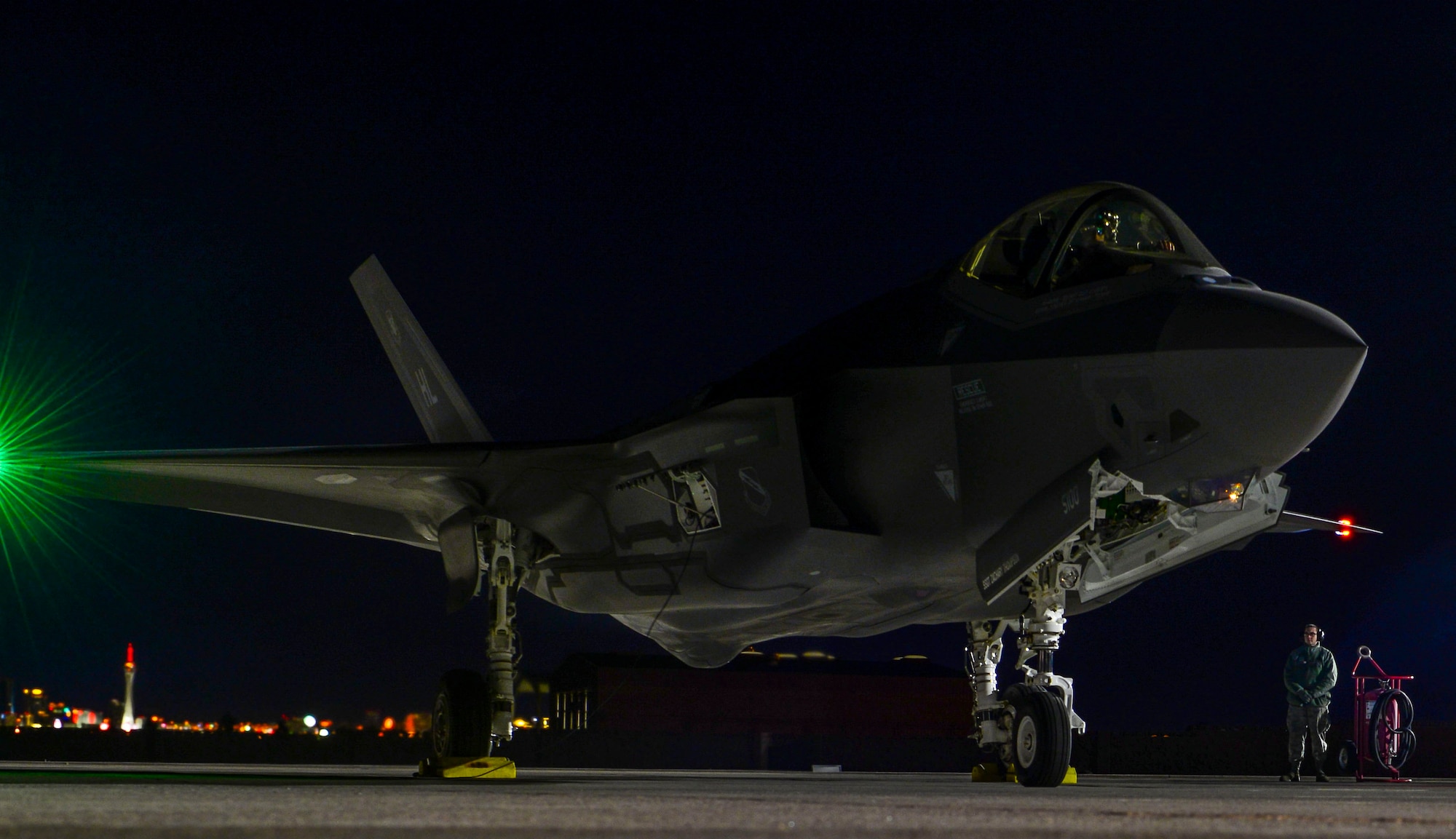 An F-35A Lightning II from Hill Air Force Base, Utah, sits on the flightline at Nellis Air Force Base, Nev., during Red Flag 17-1, Jan. 24, 2017. The F-35’s exceptional survivability is achieved through a combination of low-observable technologies, advanced electronic attack and electronic protection, and shared situational awareness. (U.S. Air Force photo by Airman 1st Class Nathan Byrnes/Released)
