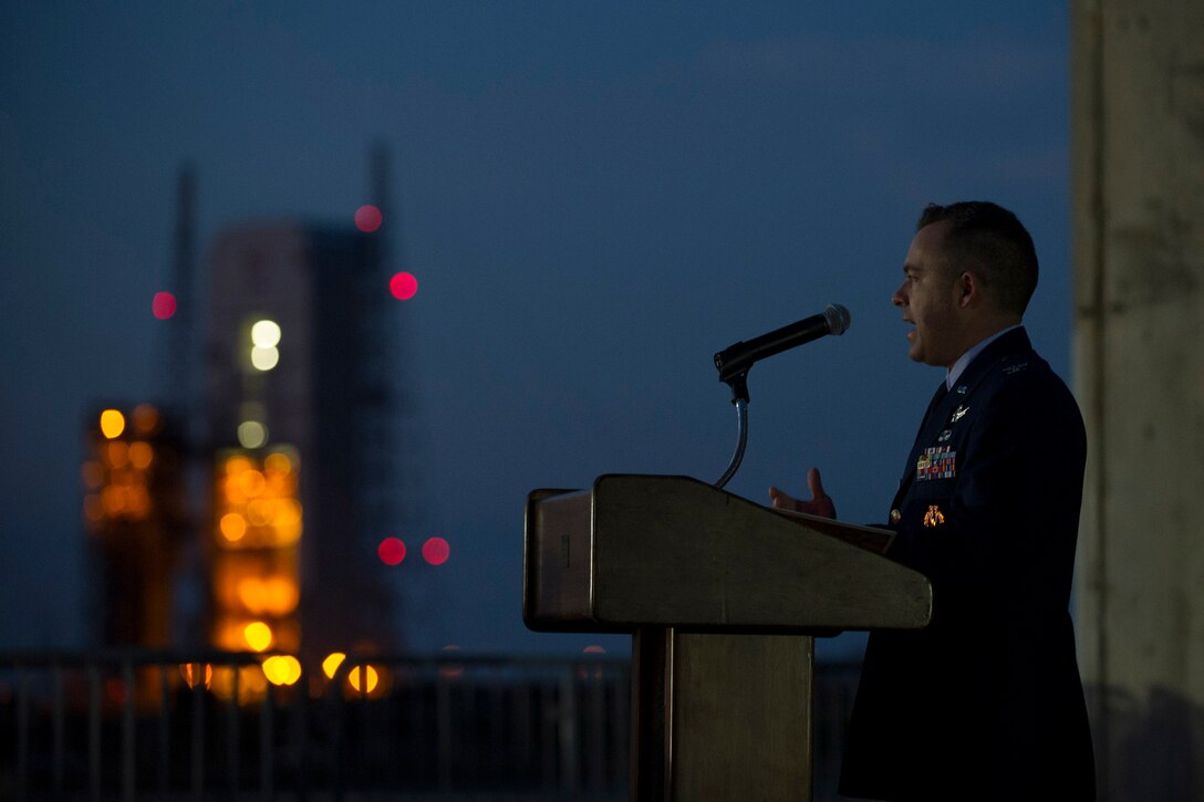 Col. Z. Walter Jackim, 45th Space Wing vice commander and guest speaker, talks to the audience of 100 about the 3 space pioneers who gave the ultimate sacrifice during the 50th anniversary of the Apollo 1 tragedy at Cape Canaveral Air Force Station, Fla. (U.S. Air Force photo/Phil Sunkel)  
