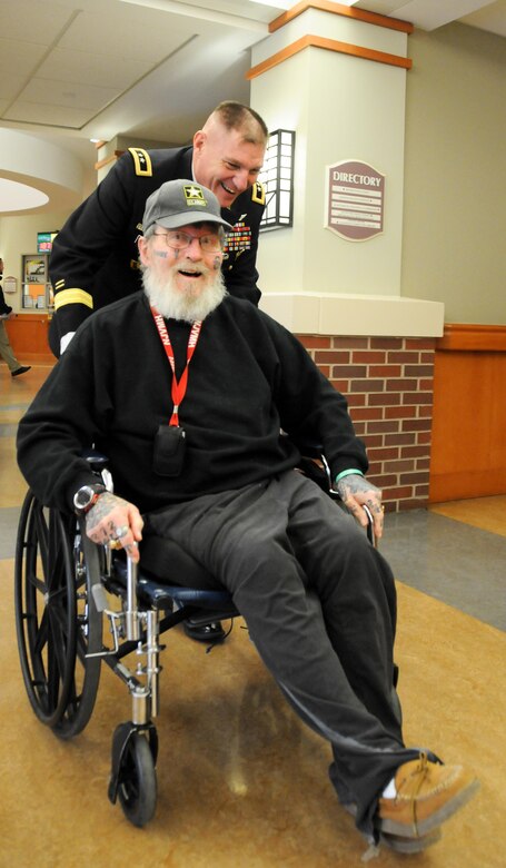 Maj. Gen. Troy D. Kok, commanding general of the U.S. Army Reserve’s 99th Regional Support Command headquartered at Joint Base McGuire-Dix-Lakehurst, New Jersey, meets with Joseph Boyle, a Navy chief petty officer who served in Vietnam, during a Jan. 28 visit to the New Jersey Department of Military and Veterans Affairs’ Veterans Memorial Home in Vineland, New Jersey. The purpose of Kok’s visit was to thank veterans for their service and encourage young Soldiers to spend time with veterans in their local area.