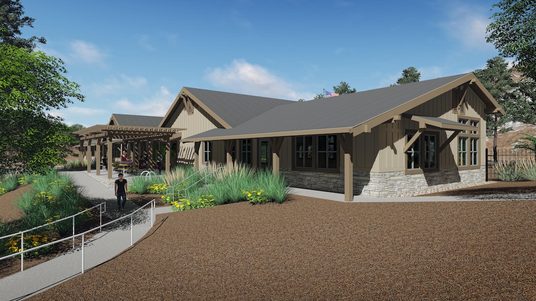 Artists rendering of the new U.S. Forest Service administrative building and warehouse currently under construction in Kernville, Ca. as part of the Isabella Lake Dam Safety Modification Project. The USFS facility is scheduled for completion in late summer 2017.