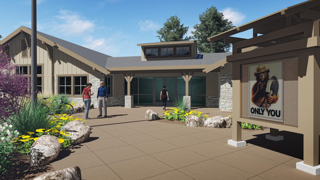 Artists rendering of the new U.S. Forest Service administrative building and warehouse currently under construction in Kernville, Ca. as part of the Isabella Lake Dam Safety Modification Project. The USFS facility is scheduled for completion in late summer 2017.