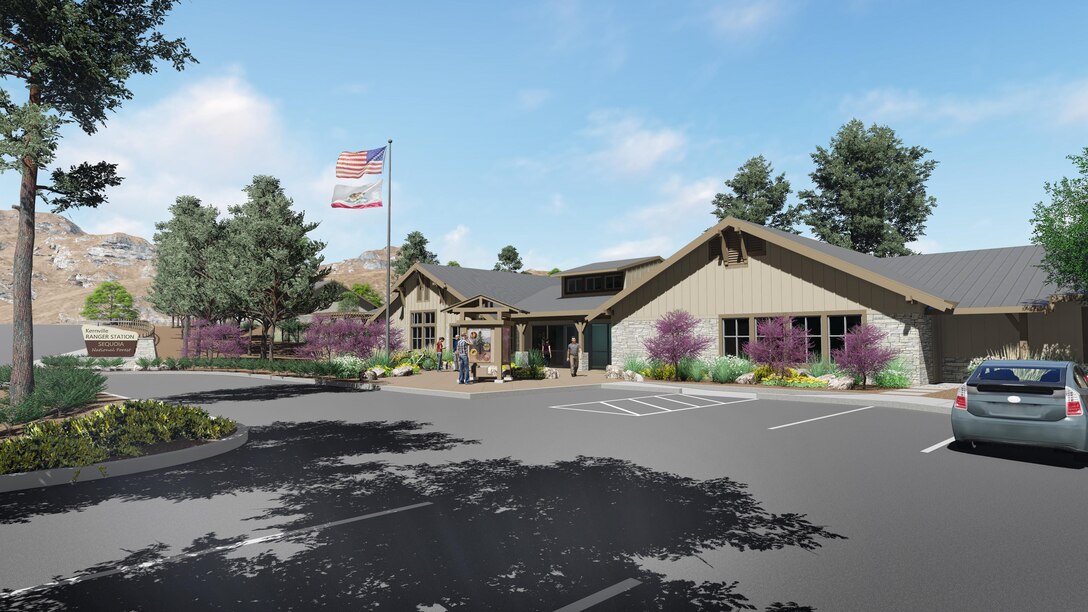 Artists rendering of the new U.S. Forest Service administrative building and warehouse currently under construction in Kernville, Ca. as part of the Isabella Lake Dam Safety Modification Project. The USFS facility is scheduled for completion in late summer 2017.