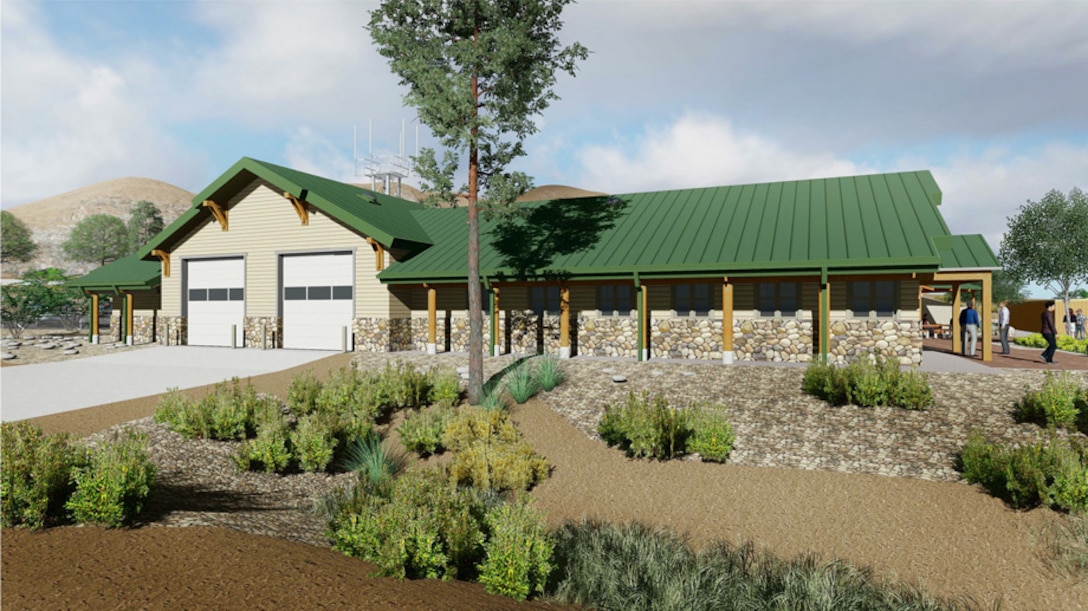 Artist’s rendering of the new U.S. Forest Service fire station currently under construction in Lake Isabella, Ca. as part of the Isabella Lake Dam Safety Modification Project. The USFS facility is scheduled for completion in late summer 2017.