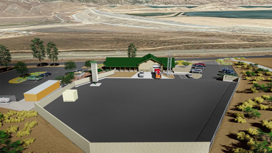Artist’s rendering of the new U.S. Forest Service fire station currently under construction in Lake Isabella, Ca. as part of the Isabella Lake Dam Safety Modification Project. The USFS facility is scheduled for completion in late summer 2017.