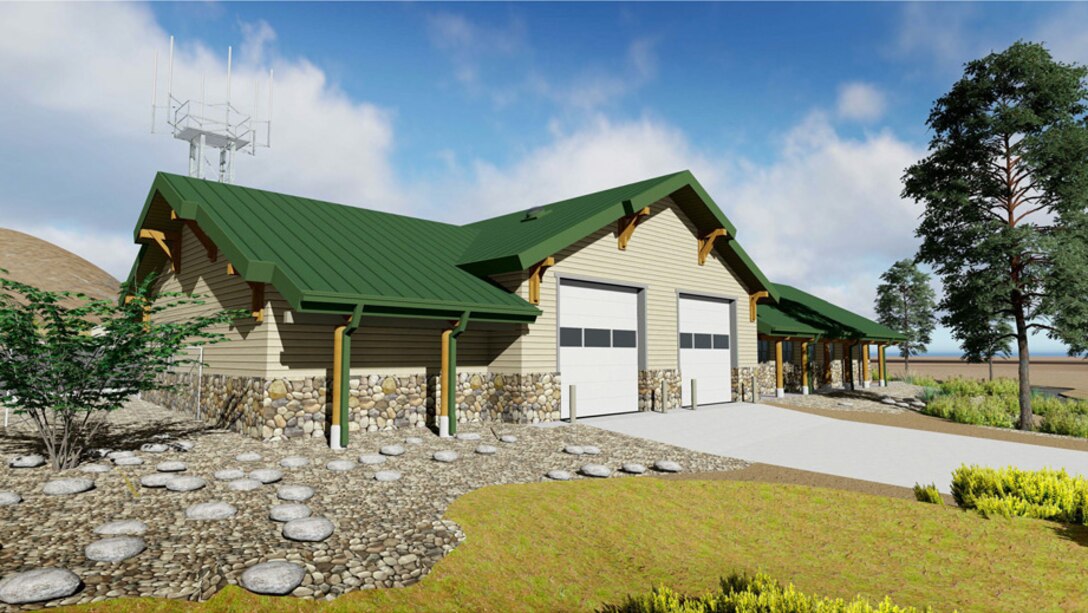 Artist’s rendering of the new U.S. Forest Service fire station currently under construction in Lake Isabella, Ca. as part of the Isabella Lake Dam Safety Modification Project. The USFS facility is scheduled for completion in late summer 2017.