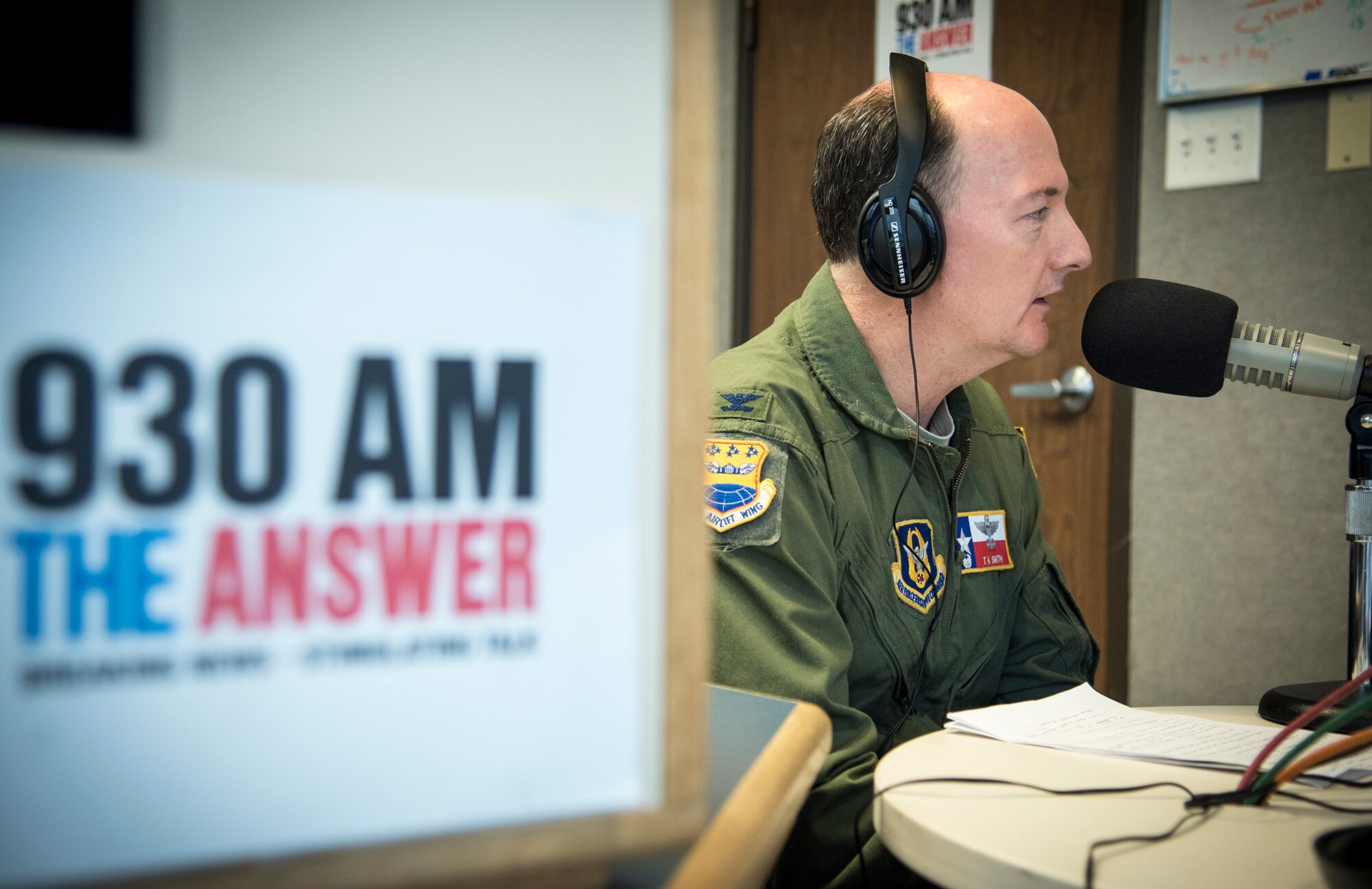 Col. Thomas K. Smith, Jr., 433rd Airlift Wing commander, appeared on the Military USA Radio show on 930 A.M. the Answer Jan. 28, 2016 at Salem Communications San Antonio, Texas. The show runs every Saturday from 8 to 9 a.m. and seeks to inform and educate listeners about the importance of the more than 200 military missions in the Alamo city.   (U.S. Air Force photo by Benjamin Faske)