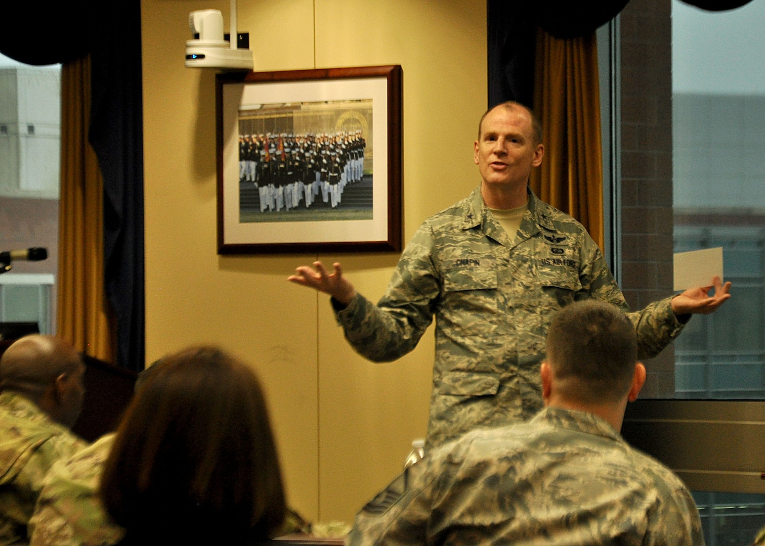 DLA Energy Commander Air Force Brig. Gen. Martin Chapin addresses attendees during the 2017 Joint Petroleum Seminar held at the McNamara Headquarters Complex, Jan. 23-25. The annual DLA Energy seminar is held to strengthen relationships between Department of Defense petroleum leaders, exchange ideas and increase operational and organizational effectiveness.