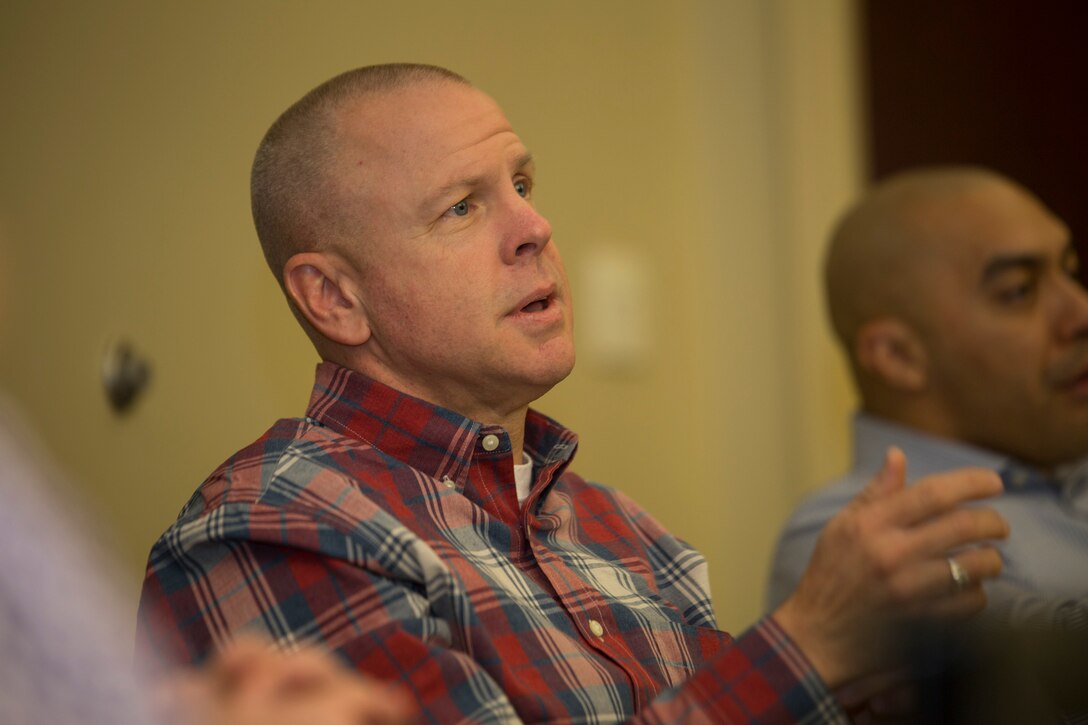 Brig. Gen. Michael F. Fahey III, commanding general of Force Headquarters Group, participates in group discussion during the Senior Leadership Workshop at Marine Corps Support Facility New Orleans, Jan. 23-26, 2017. The workshop aims to emphasize the importance of open communication and equal opportunity, and to demonstrate their effects on unit cohesion, mission accomplishment and mission readiness. (U.S. Marine Corps photo by Sgt. Sara Graham)  