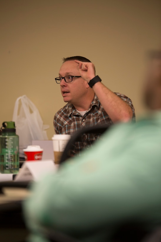 Master Sgt. Steve Pope, an instructor from the Naval School Explosive Ordnance Disposal, participates in group discussion during the Senior Leadership Workshop at Marine Corps Support Facility New Orleans, Jan. 23-26, 2017. The workshop aims to open communication about the importance of equal opportunity issues such as discrimination, power, gender, ethnicity, sexism, diversity, leadership influence and more. Throughout the course the Marines and Sailors discussed how these issues can affect unit cohesion, mission accomplishment and mission readiness. (U.S. Marine Corps photo by Sgt. Sara Graham)  