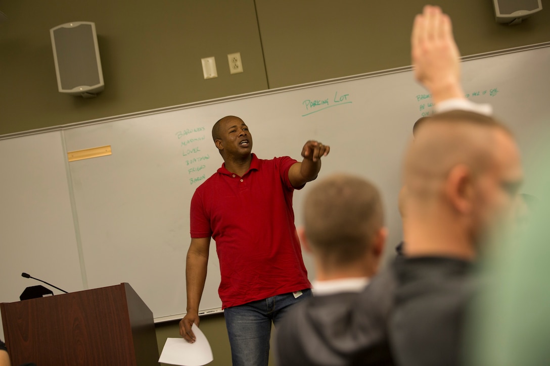 Master Sgt. Rodriguez Moore, senior enlisted advisor, Truck Company, 23rd Marine Regiment, 4th Marine Division, participates in group exercise during the Senior Leadership Workshop at Marine Corps Support Facility New Orleans, Jan. 23-26, 2017. The workshop aims to open communication about the importance of equal opportunity issues such as discrimination, power, gender, ethnicity, sexism, diversity, leadership influence and more. Throughout the course the Marines and Sailors discussed how these issues can affect unit cohesion, mission accomplishment and mission readiness. (U.S. Marine Corps photo by Sgt. Sara Graham)  
