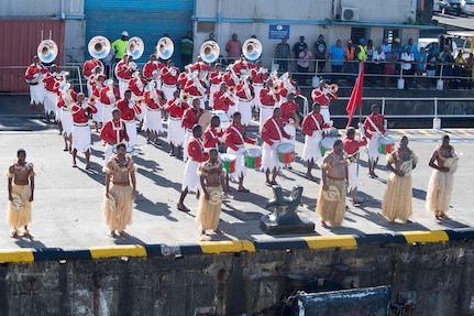 The Republic of Fiji Military Forces Band performs as the Arleigh Burke-class guided-missile destroyer USS Michael Murphy (DDG 112) pulls into Suva, Fiji, Jan. 27, 2017. Michael Murphy is on a regularly scheduled western Pacific deployment with the Carl Vinson Carrier Strike Group as part of the U.S. Pacific Fleet-led initiative to extend the command and control functions of U.S. 3rd Fleet. 
