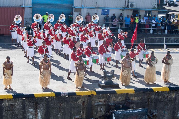 The Republic of Fiji Military Forces Band performs as the Arleigh Burke-class guided-missile destroyer USS Michael Murphy (DDG 112) pulls into Suva, Fiji, Jan. 27, 2017. Michael Murphy is on a regularly scheduled western Pacific deployment with the Carl Vinson Carrier Strike Group as part of the U.S. Pacific Fleet-led initiative to extend the command and control functions of U.S. 3rd Fleet. 