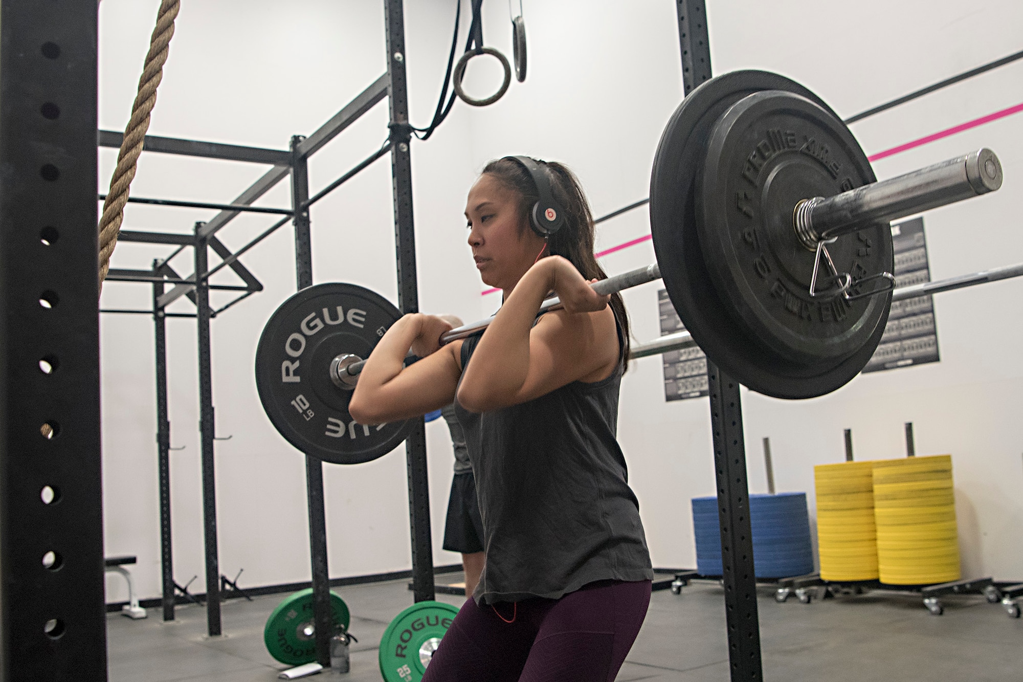 PETERSON AIR FORCE BASE, Colo. – Senior Airman Keshia Corpuz, 21st Force Support Squadron, fitness assessment manager, works out during a Functional Fitness class at the Peterson Air Force Base Fitness Center, Jan. 26, 2017. The Functional Fitness class is a high intensity workout designed to emphasize cardio and strength training for an all-around athlete. (U.S. Air Force photo by Steve Kotecki.)