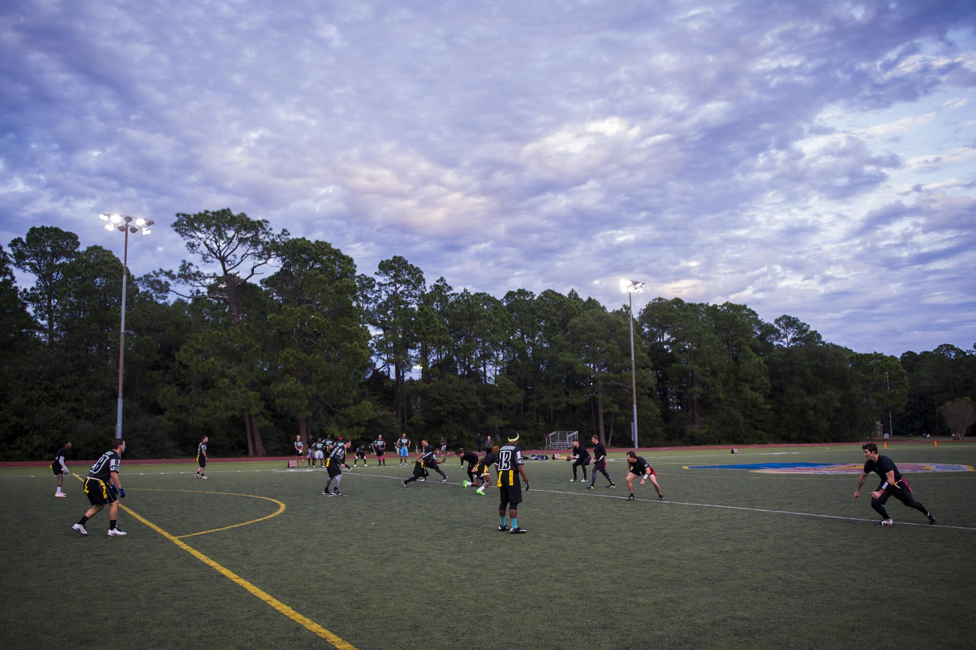 Air Commandos with the 1st Special Operations Medical Group and 23rd Special Tactics Training Squadron intramural flag football team competed in the flag football championship at Hurlburt Field, Fla., Jan. 26, 2017. The 1st SOMDG bested the 23rd STTS with a score of seven to six. More than 24 teams competed in approximately 74 games during the season. (U.S. Air Force photo by Airman 1st Class Joseph Pick)