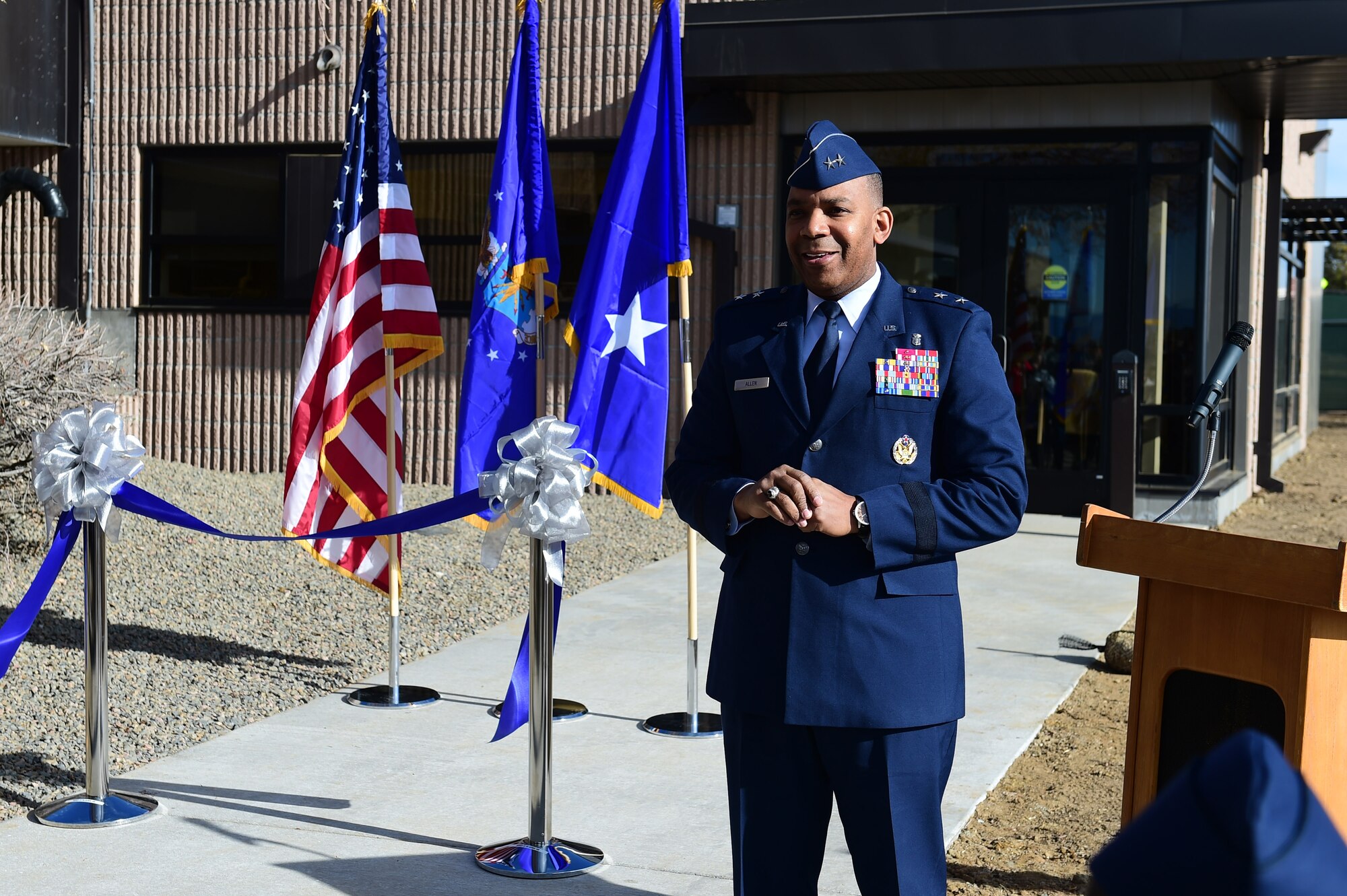 Maj. Gen. Roosevelt Allen, Medical Operations and Research Director and Chief of the Dental Corps Office of the Surgeon General in Washington D.C., speaks to Team Buckley at the 460th Medical Group grand opening of the dental clinic on Buckley Air Force Base, Colo. This marks the first time in 31 years since the Air Force has built a new dental clinic from the ground up. (U.S. Air Force photo by Airman Jacob Deatherage/Released)