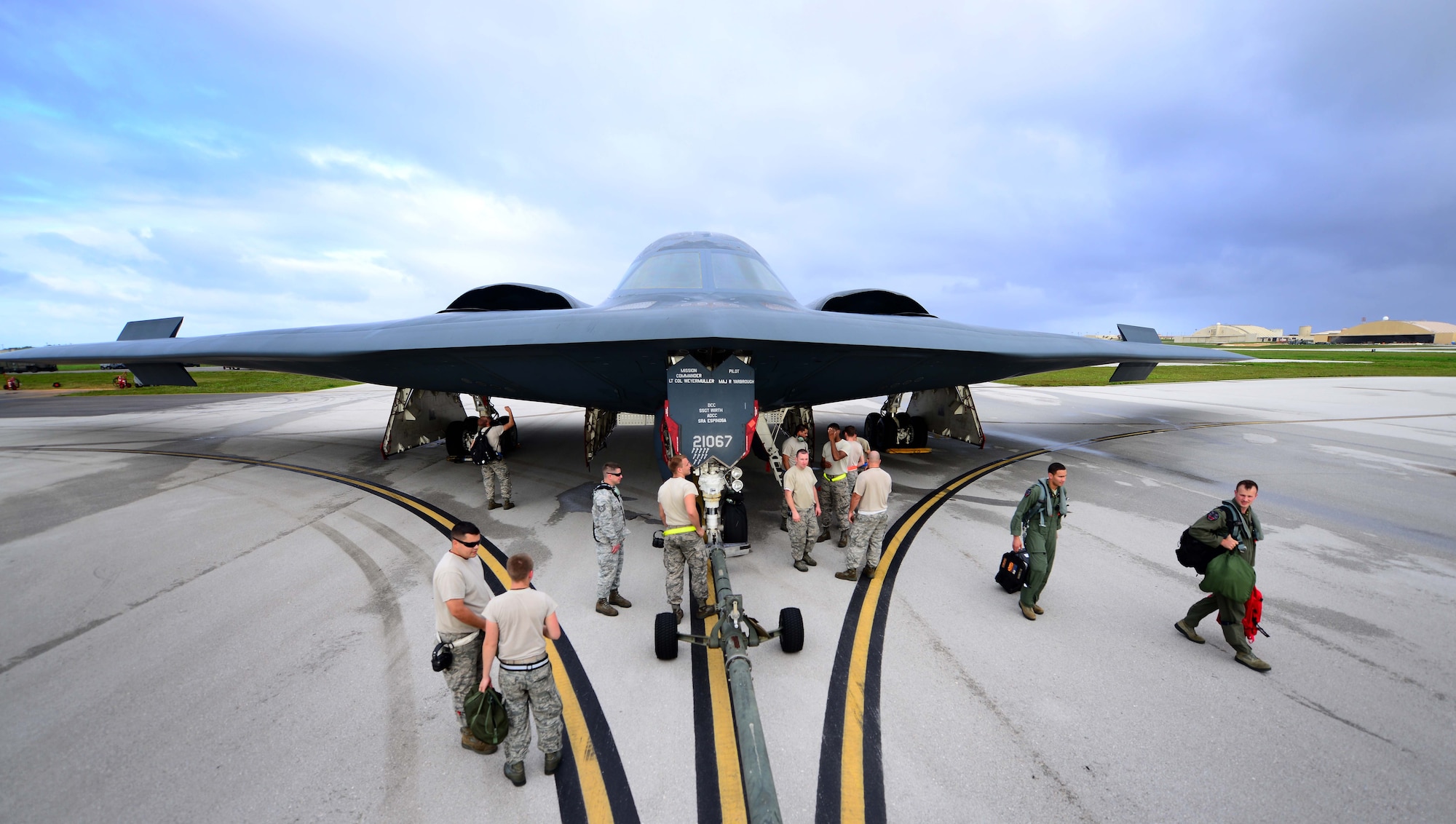 U.S. Air Force maintenance technicians assigned to the 509th Aircraft Maintenance Squadron, Whiteman Air Force Base, Mo., prepare a U.S. Air Force B-2 Spirit aircraft to be towed after a local training mission at Anderson Air Force Base, Guam Jan. 19, 2017. Close to 200 Airmen from Whiteman Air Force Base, Mo., and Barksdale Air Force Base, La., deployed to Andersen AFB, in support of U.S. Strategic Command Bomber and Deterrence missions. USSTRATCOM bomber missions familiarize aircrew with airbases and operations in different Geographic Combatant Commands. (U.S. Air Force photo by Tech Sgt. Andy M. Kin)