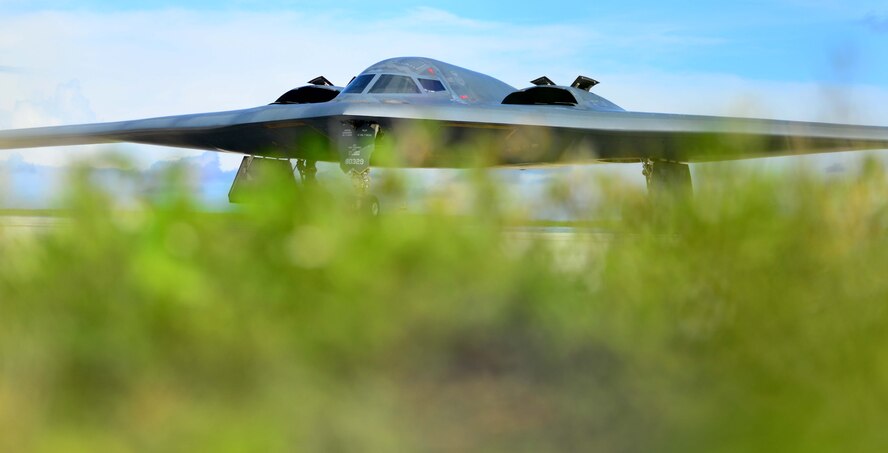 A U.S. Air Force B-2 Spirit aircraft deployed from Whiteman Air Force Base, Mo., taxis back to the parkway after a local flying mission at Andersen Air Force Base, Guam, Jan. 16, 2017. Close to 200 Airmen and three B-2s deployed from Whiteman Air Force Base, Mo., and Barksdale Air Force Base, La., in support of U.S. Strategic Command Bomber Assurance and Deterrence missions. USSTRATCOM units regularly conduct training with and in support of the Geographic Combatant Commands. USSTRATCOM, through its global strike assets, helps maintain global stability and security while enabling units to become familiar with operations in different regions. (U.S. Air Force photo by Tech. Sgt. Andy M. Kin)