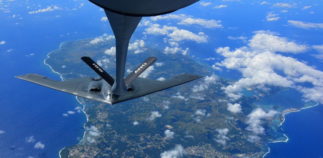 A U.S. Air Force B-2 Spirit deployed from Whiteman Air Force Base, Mo., receives fuel from a KC-135 Stratotanker assigned to the 155th Air National Guard Air Refueling Wing, Neb., during a local flying mission at Andersen Air Force Base, Guam, Jan. 19, 2017. Thanks to its subsonic speeds and nearly 7,000 mile unrefueled range, the B-2 is capable of bringing massive firepower anywhere on the globe through the most challenging defenses. (U.S. Air Force photo by Airman 1st Class Jazmin Smith)