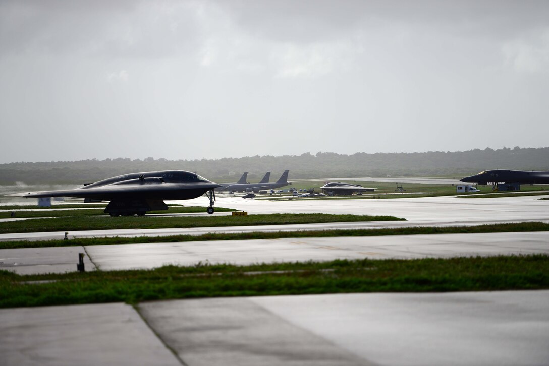 A U.S. Air Force B-2 Spirit aircraft deployed from Whiteman Air Force Base, Mo., taxis back to the parkway after a local flying mission at Andersen Air Force Base, Guam, Jan. 19, 2017. Close to 200 Airmen and three B-2s deployed from Whiteman Air Force Base, Mo., and Barksdale Air Force Base, La., in support of U.S. Strategic Command Bomber Assurance and Deterrence missions. USSTRATCOM units regularly conduct training with and in support of the Geographic Combatant Commands. USSTRATCOM, through its global strike assets, helps maintain global stability and security while enabling units to become familiar with operations in different regions. (U.S. Air Force photo by Tech. Sgt. Andy M. Kin)
