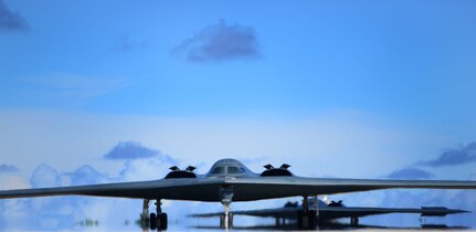 Two U.S. Air Force B-2 Spirit aircraft deployed from Whiteman Air Force Base, Mo., taxi back to the parkway after a local flying mission at Andersen Air Force Base, Guam, Jan. 16, 2017. Close to 200 Airmen and three B-2s deployed from Whiteman Air Force Base, Mo., and Barksdale Air Force Base, La., in support of U.S. Strategic Command Bomber Assurance and Deterrence missions. USSTRATCOM units regularly conduct training with and in support of the Geographic Combatant Commands. USSTRATCOM, through its global strike assets, helps maintain global stability and security while enabling units to become familiar with operations in different regions. (U.S. Air Force photo by Tech Sgt. Andy M. Kin)