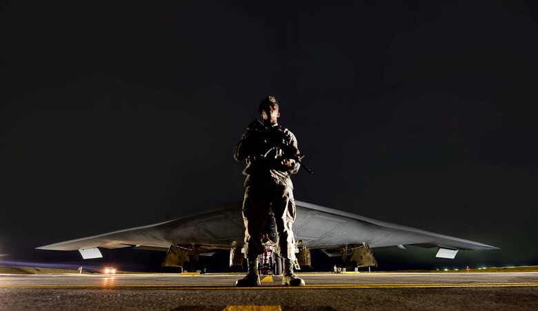 U.S. Air Force Senior Airman Paul Occean, a confinement supervisor assigned to the 2nd  Security Forces Squadron from Barksdale Air Force Base, La., stands guard at an entry control point Jan. 17, 2017 at Andersen Air Force Base, Guam. Close to 200 Airmen from Whiteman Air Force Base, Mo., and Barksdale Air Force Base, La., deployed to Andersen AFB, in support of U.S. Strategic Command Bomber and Deterrence missions. USSTRATCOM bomber missions familiarize aircrew with airbases and operations in different Geographic Combatant Commands. USSTRATCOM forces are on watch 24 hours a day, seven days a week to deter and detect strategic attack against the United States and our allies. (U.S. Air Force photo by Tech. Sgt. Andy M. Kin)