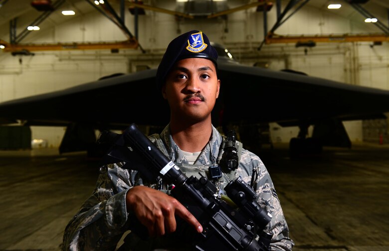 U.S. Air Force Airman 1st Class Victor Anciano-Suezo, a security forces member assigned to the 2nd Security Forces Squadron from Barksdale Air Force Base, La., stands guards at an entry control point Jan. 24, 2017 at Andersen Air Force Base, Guam. Close to 200 Airmen from Whiteman Air Force Base, Mo., and Barksdale Air Force Base, La., deployed to Andersen AFB, in support of U.S. Strategic Command Bomber and Deterrence missions. USSTRATCOM bomber missions familiarize aircrew with airbases and operations in different Geographic Combatant Commands. USSTRATCOM forces are on watch 24 hours a day, seven days a week to deter and detect strategic attack against the United States and our allies. (U.S. Air Force photo by Tech. Sgt. Andy M. Kin)
