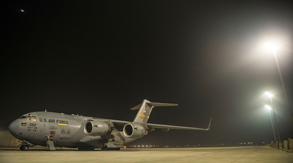 An 816th Expeditionary Airlift Squadron C-17 Globemaster III sits on the flightline in preparation for takeoff in support of Combined Joint Task Force - Operation Inherent Resolve Oct. 25, 2016. The 816th EAS delivered fire engines to Iraq. The squadron is actively engaged in tactical airlift operations supporting the Mosul offensive. (U.S. Air Force photo by Staff Sgt. Matthew B. Fredericks)