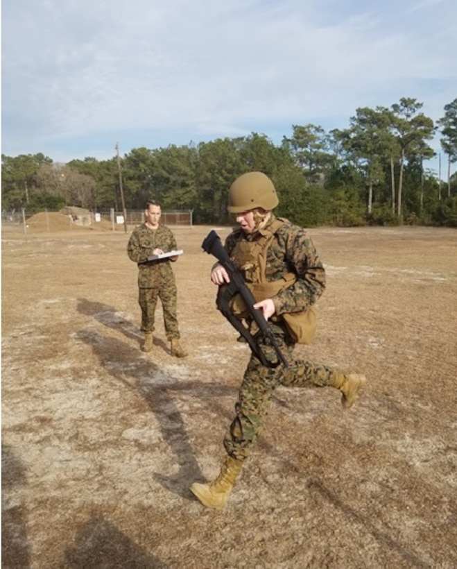 On January 17, 2017 Second Lieutenant Cody Murphy completes the Anti-Personnel Obstacle Breaching System (APOBS) Rush portion during the MOS Specific Physical Standards (MSPS) evaluation, which is one of five MSPS events.  While wearing the fighting load and carrying a simulated APOBS pack assembly, Marines are required to run a total of 150-meters through a maneuver course over flat terrain within a time limit of 1 minute and 12 seconds. 
