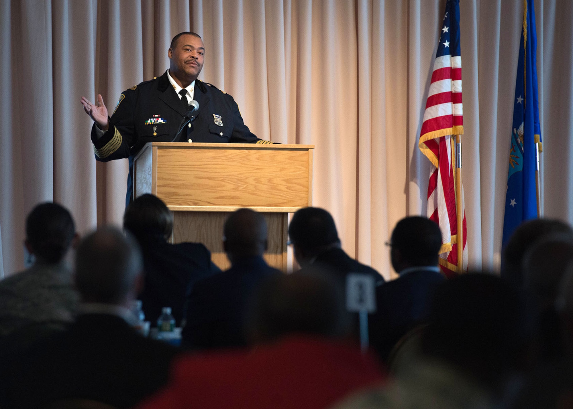 Boston Police Department Superintendent-in-Chief William G. Gross speaks during a Dr. Martin Luther King, Jr., observance event at the Minuteman Commons Jan. 30. Gross offered some historical and first-person insights during the event that was rescheduled from earlier in the month. (U.S. Air Force photo by Jerry Saslav)