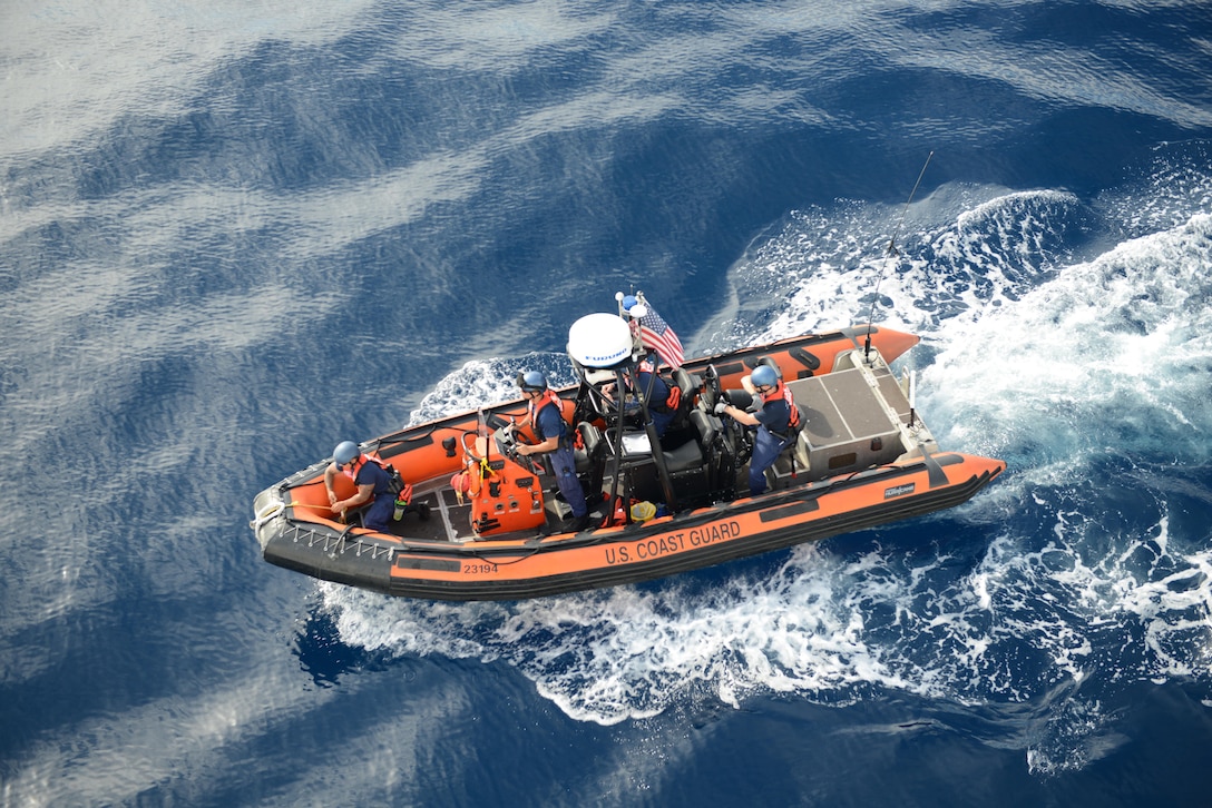 EASTERN PACIFIC OCEAN – Boatcrewmembers from the Coast Guard Cutter Sherman launch the cutter’s small boat, Jan. 9, 2017. Sherman, homeported in Honolulu, is on a counter narcotics mission in the Eastern Pacific Ocean. Cutters like Sherman routinely conduct operations from South America to the Bering Sea conducting alien migrant interdiction operations, domestic fisheries protection, search and rescue, counter-narcotics and other Coast Guard missions at great distances from shore keeping threats far from the U.S. mainland. (FOR RELEASE U.S. Coast Guard photo Chief Warrant Officer Allyson E.T. Conroy)