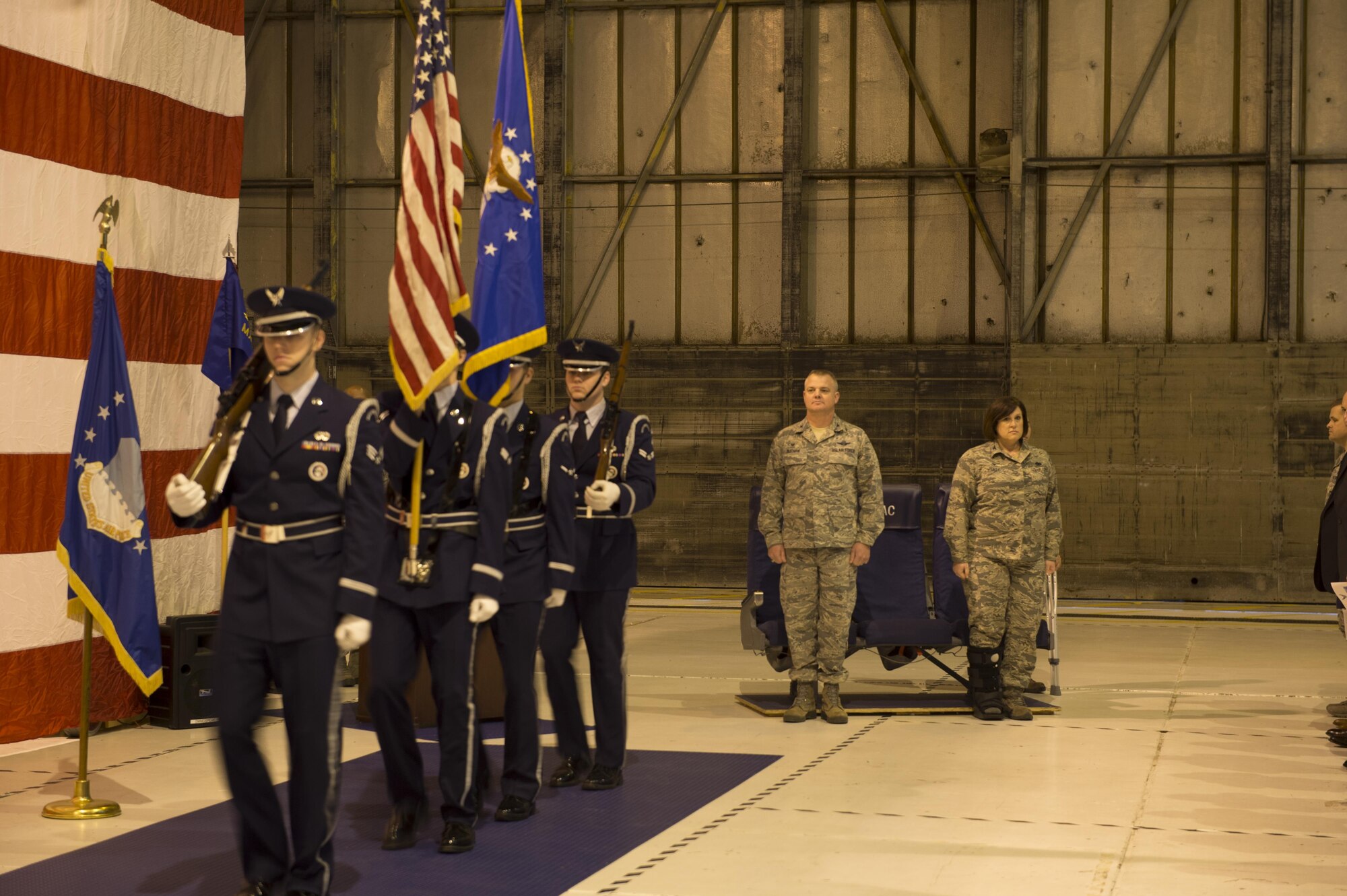 A Dover Air Force Base Color Guard presents the Colors during the 512th Maintenance Group Assumption of Command Ceremony Jan. 21, 2017, Dover Air Force Base, Del. Col. Sherry L. Teague, incoming 512th MXG commander was assuming command of the unit during the ceremony. (U.S. Air Force Photo/ Tech. Sgt. Mercedes Crossland)