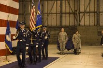 A Dover Air Force Base Color Guard presents the Colors during the 512th Maintenance Group Assumption of Command Ceremony Jan. 21, 2017, Dover Air Force Base, Del. Col. Sherry L. Teague, incoming 512th MXG commander was assuming command of the unit during the ceremony. (U.S. Air Force Photo/ Tech. Sgt. Mercedes Crossland)