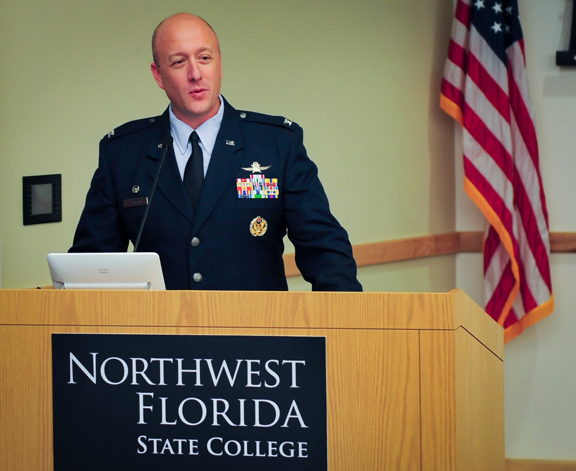 Col. David Willcox, 96th Mission Support Group commander, speaks to the graduates and audience at the first Solar Ready Vets program graduation at Northwest Florida State College Jan. 27.  (U.S. Air Force photo/Sara Francis)