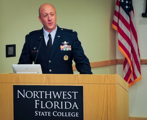 Col. David Willcox, 96th Mission Support Group commander, speaks to the graduates and audience at the first Solar Ready Vets program graduation at Northwest Florida State College Jan. 27.  (U.S. Air Force photo/Sara Francis)