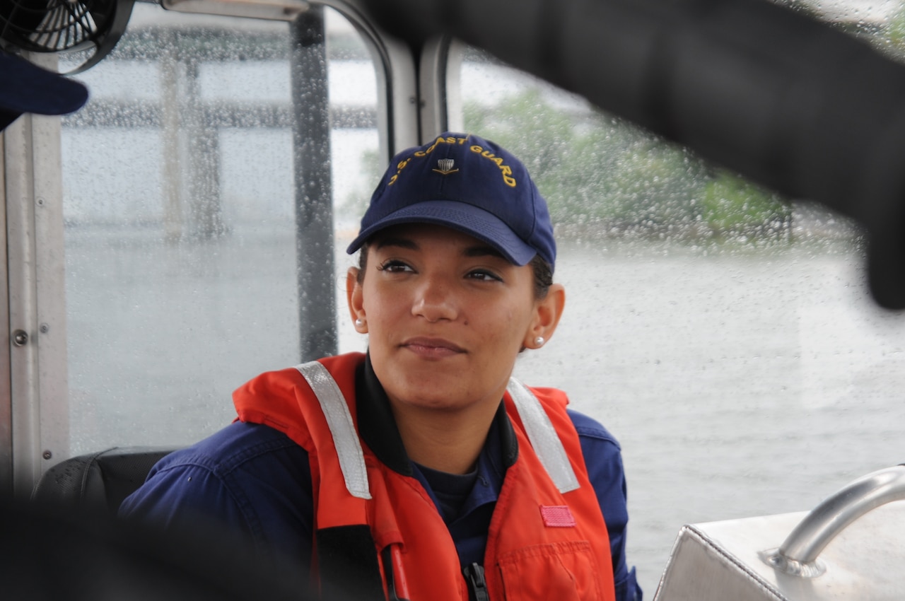 Coast Guard Petty Officer 3rd Class Casondra Minifield, a native of Winchester, Virginia, takes part in training on a 25-foot Coast Guard response boat at U.S. Coast Guard Station Curtis Bay in Baltimore, May 21, 2016. Minifield, who is currently a graduate student at Marymount University, is a reserve boatswain’s mate who hopes to advance in the Coast Guard while seeking a career in federal law enforcement. Coast Guard photo by Petty Officer 2nd Class Lisa Ferdinando