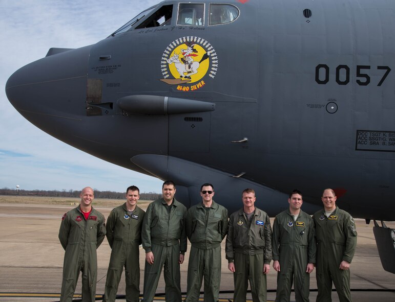 Pilots from the 93rd Bomb Squadron pose with House Armed Services Committee Professional Staff Members, Tim Morrison and Drew Walter at Barksdale Air Force Base, La., Jan. 27, 2017.   The staff members went along on a routine training mission in the B-52 Stratofortress.   The flight enabled them to better see the B-52 in action and learn more about it from the pilots and crew members.  After the flight, Morrison and Walter met with commanders and aircrews learn more about their respective missions. (U.S. Air Force photo by Tech. Sgt. Jason McCasland/Released)