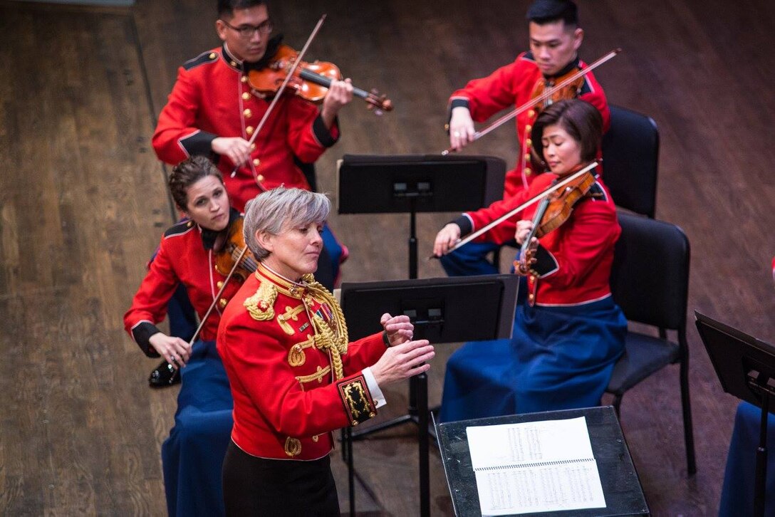 The Marine Chamber Orchestra performed the concert "Water Music" on Jan. 29 at Northern Virginia Community College's Schlesinger Concert Hall in Alexandria, Va., featuring two selections both titled "Water Music:" Suites Nos. 2 & 3 of Handel's Water Music and Ned Rorem's violin and clarinet duet. (U.S. Marine Corps photo by Gunnery Sgt. Brian Rust/released)
