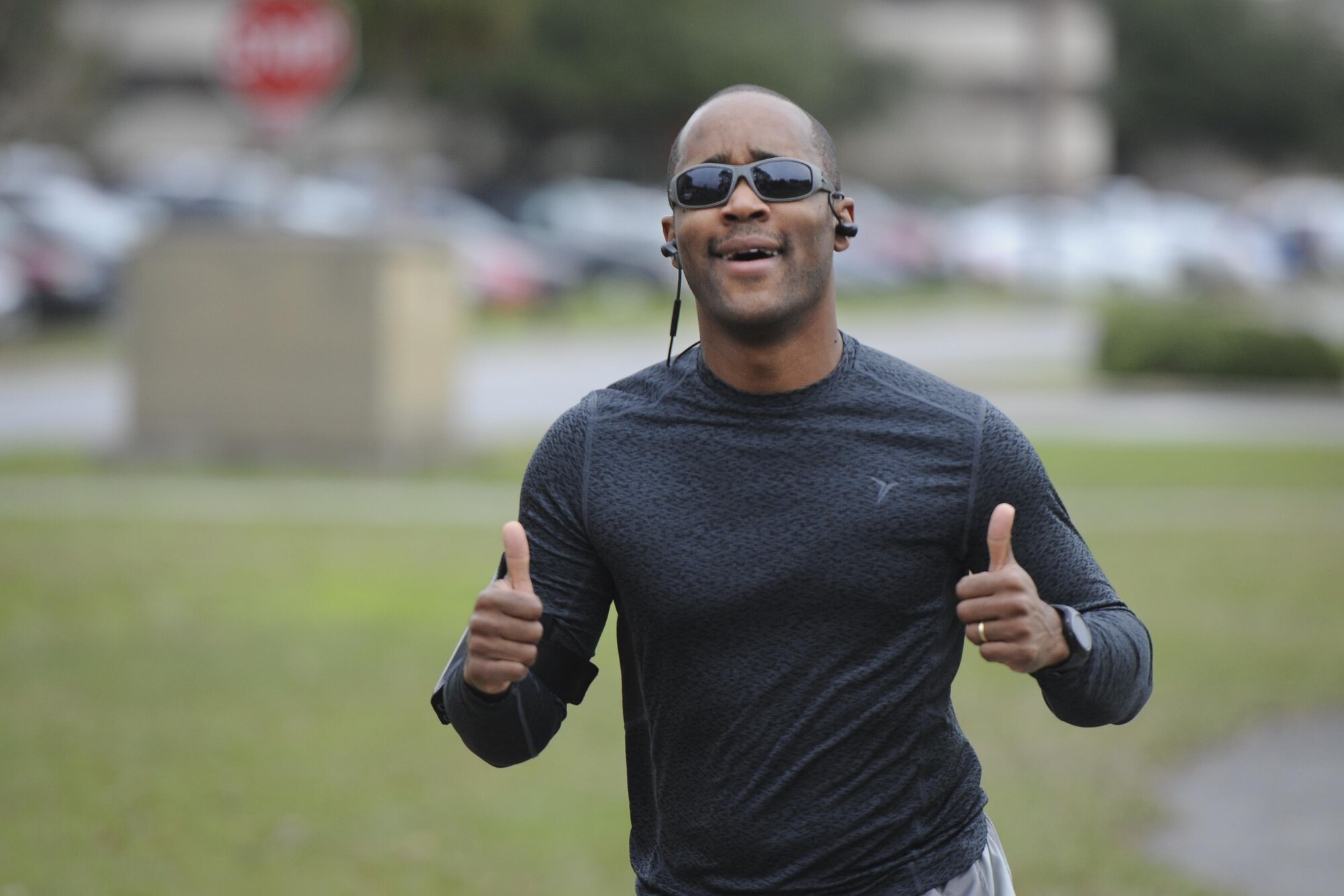 Master Sgt. Joel Johnson, NCO in charge of the commander support staff with the Florida Air National Guard, Detachment 2, crosses the finish line at Hurlburt Field, Fla., Jan. 28, 2016. Johnson participated in the Heritage 5k held by the 1st Special Operations Force Support Squadron. (U.S. Air Force photo by Airman Dennis Spain)