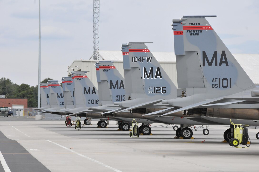 The 104th Fighter Wing, Massachusetts Air National Guard F-15 aircraft remain ready on the flight line at Barnes Air National Guard Base, Massachusetts. The 104th Fighter Wing received the highest rating of "Mission Ready" on the North American Aerospace Defense Command (NORAD) Inspector General (IG) Alert Force Evaluation, January 27, 2017.(U.S. Air National Guard Photo by Senior Master Sgt. Julie Avey)