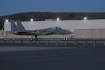 The 104th Fighter Wing, Massachusetts Air National Guard, F-15 fighter jets launch during night flying training at Barnes Air National Guard Base. The 104th Fighter Wing received the highest rating of "Mission Ready" on the North American Aerospace Defense Command (NORAD) Inspector General (IG) Alert Force Evaluation, January 27, 2017.(U.S. Air National Guard Photo by Senior Master Sgt. Julie Avey)